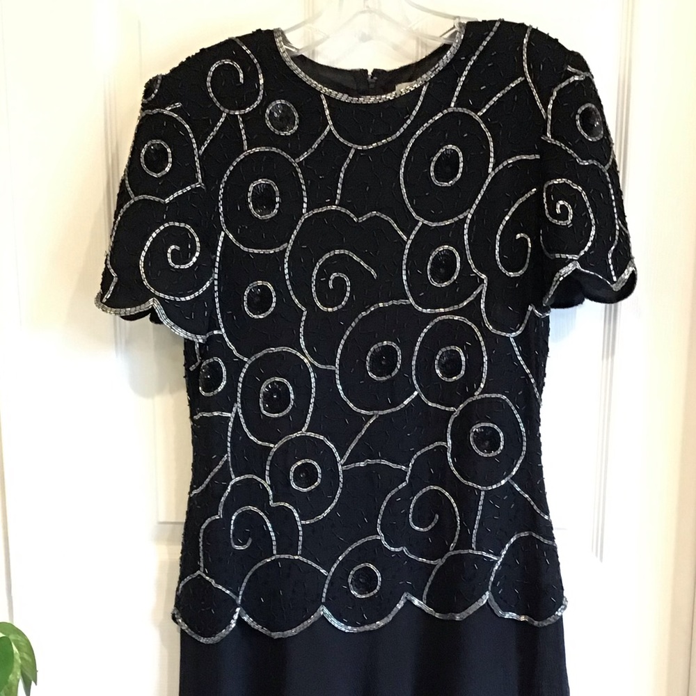 Black evening dress, sequined and beaded with crinkled chiffon skirt. Size 6